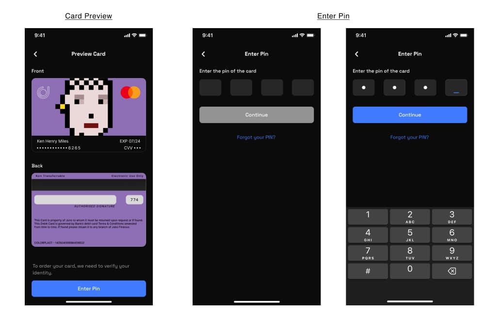 Preview and PIN screens
